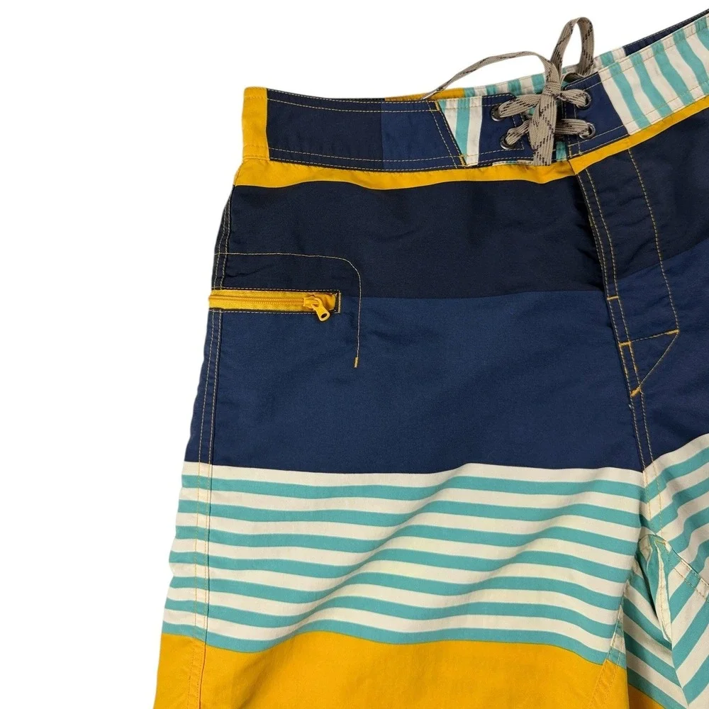 Patagonia Mens 34 Board Shorts Blue Yellow Striped Nylon Mesh Lined Swim Trunks